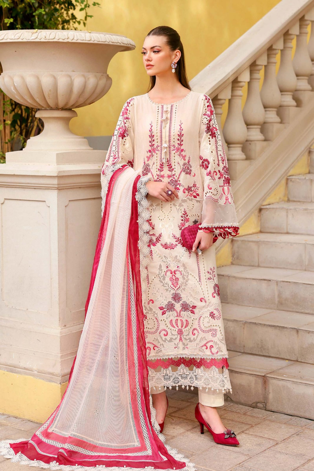 Off white Dress with Maroon Embroidery