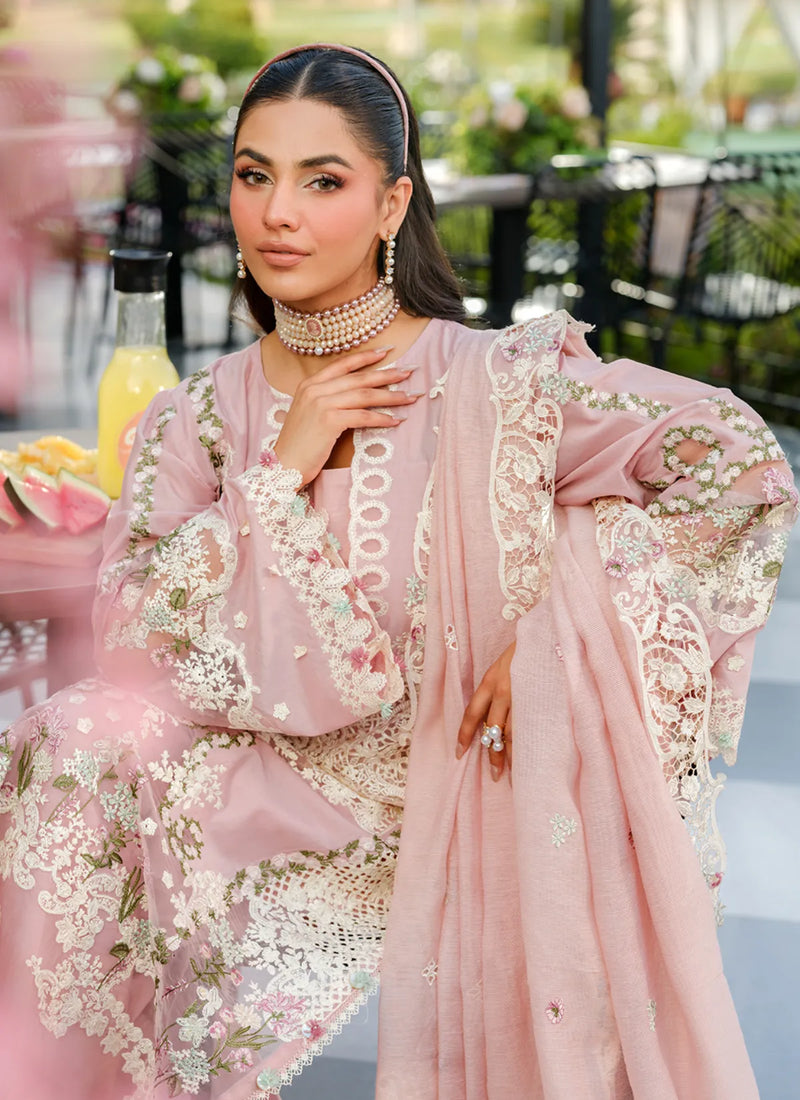 3-Piece Embroidered Lawn Dress in Color of Peach Khadi Net Dupatta