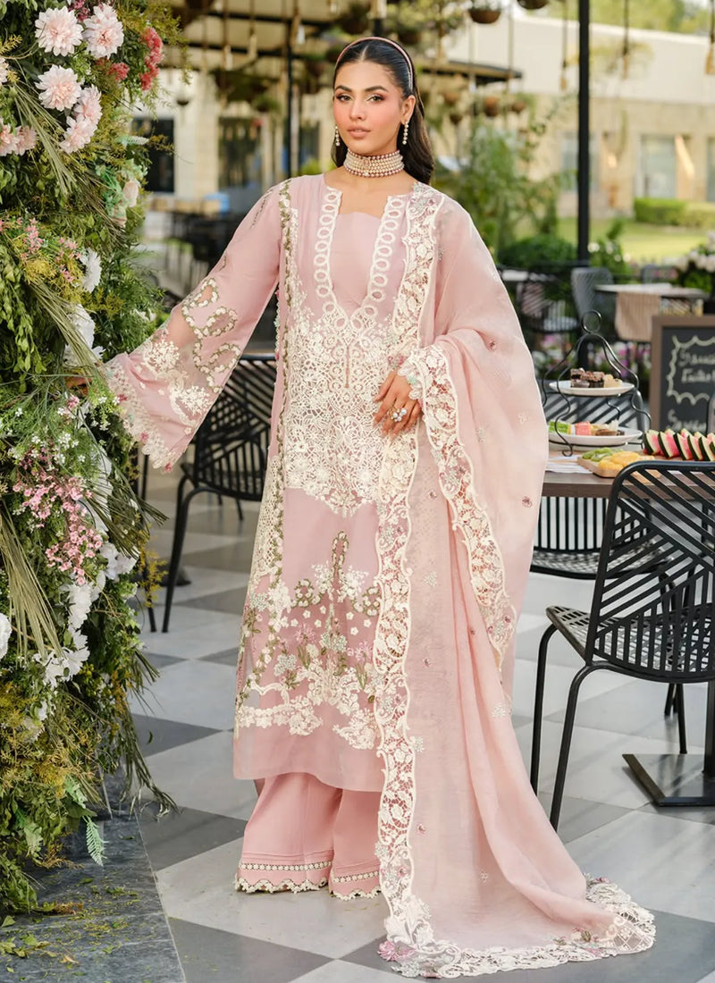 3-Piece Embroidered Lawn Dress in Color of Peach Khadi Net Dupatta