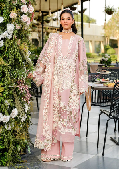 3-Piece Embroidered Lawn Dress in Color of Peach Khadi Net Dupatta