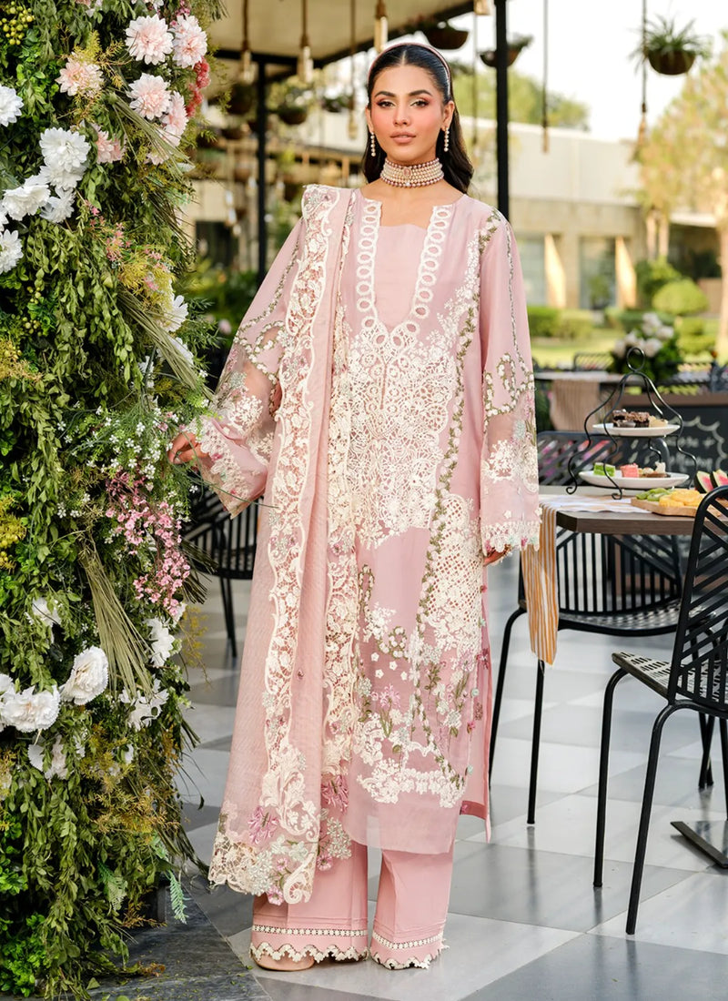 3-Piece Embroidered Lawn Dress in Color of Peach Khadi Net Dupatta